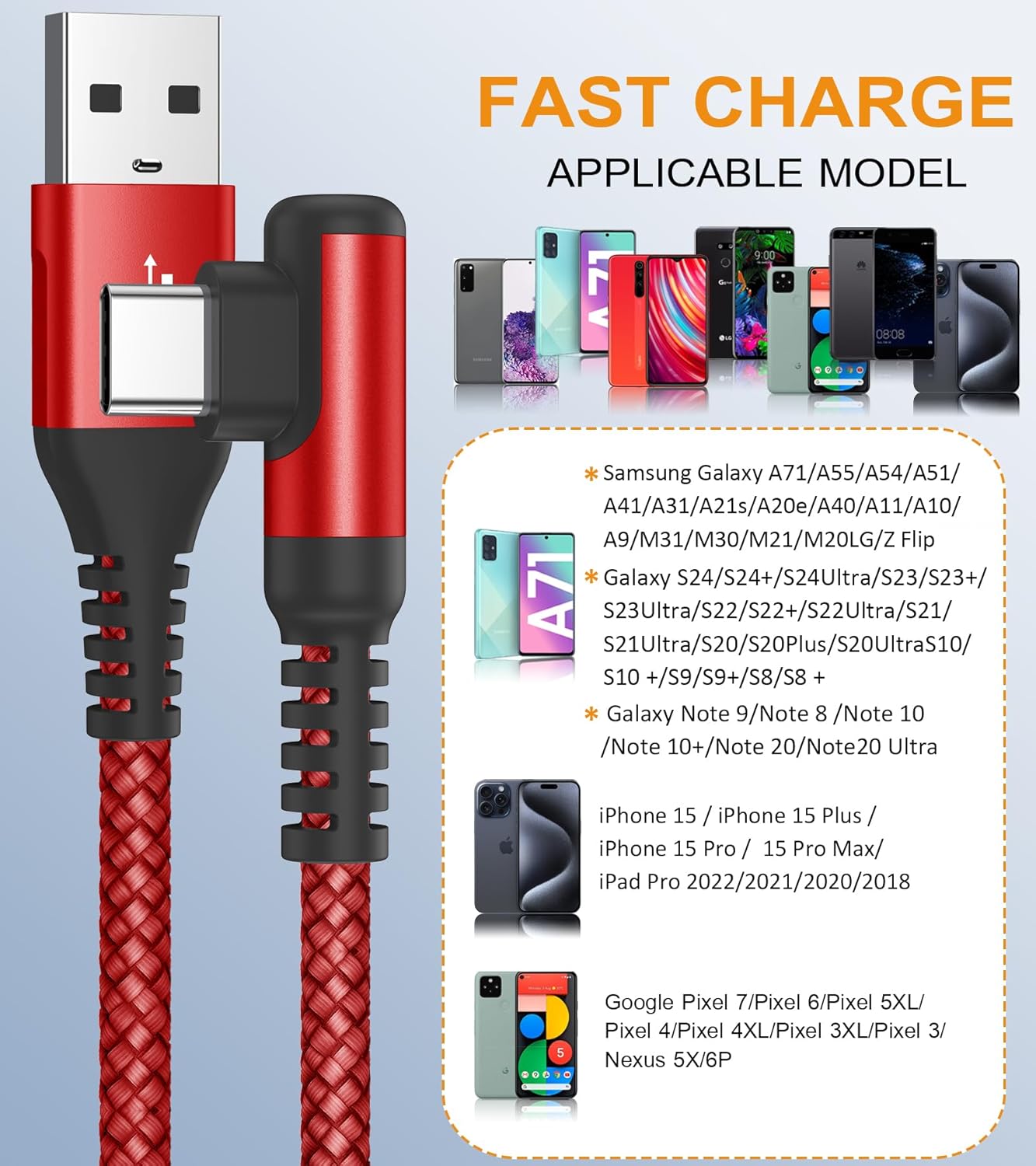 sweguard USB Type C Charger Cable Right Angle [2-Pack,10FT] iPhone 15 Charger Nylon Braided Cord for iPhone 16 15 Pro Max Samsung Galaxy S25 S24 S23 S22 S21 S20 S10 S9 Note A15 A55 Flip Pixel LG Moto