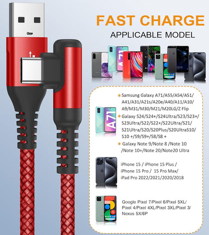 sweguard USB Type C Charger Cable Right Angle [2-Pack,10FT] iPhone 15 Charger Nylon Braided Cord for iPhone 16 15 Pro Max Samsung Galaxy S25 S24 S23 S22 S21 S20 S10 S9 Note A15 A55 Flip Pixel LG Moto