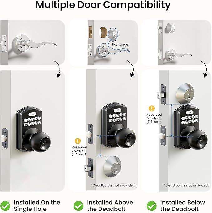 Veise Keypad Door Knob Lock, Keyless Entry Digital Lock with Handle, Electronic Smart Knob for Front Door & Bedroom, Easy Install, Auto Lock, Passage Mode, Anti-Peeping Password, Matte Black