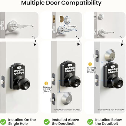 Veise Keypad Door Knob Lock, Keyless Entry Digital Lock with Handle, Electronic Smart Knob for Front Door & Bedroom, Easy Install, Auto Lock, Passage Mode, Anti-Peeping Password, Matte Black
