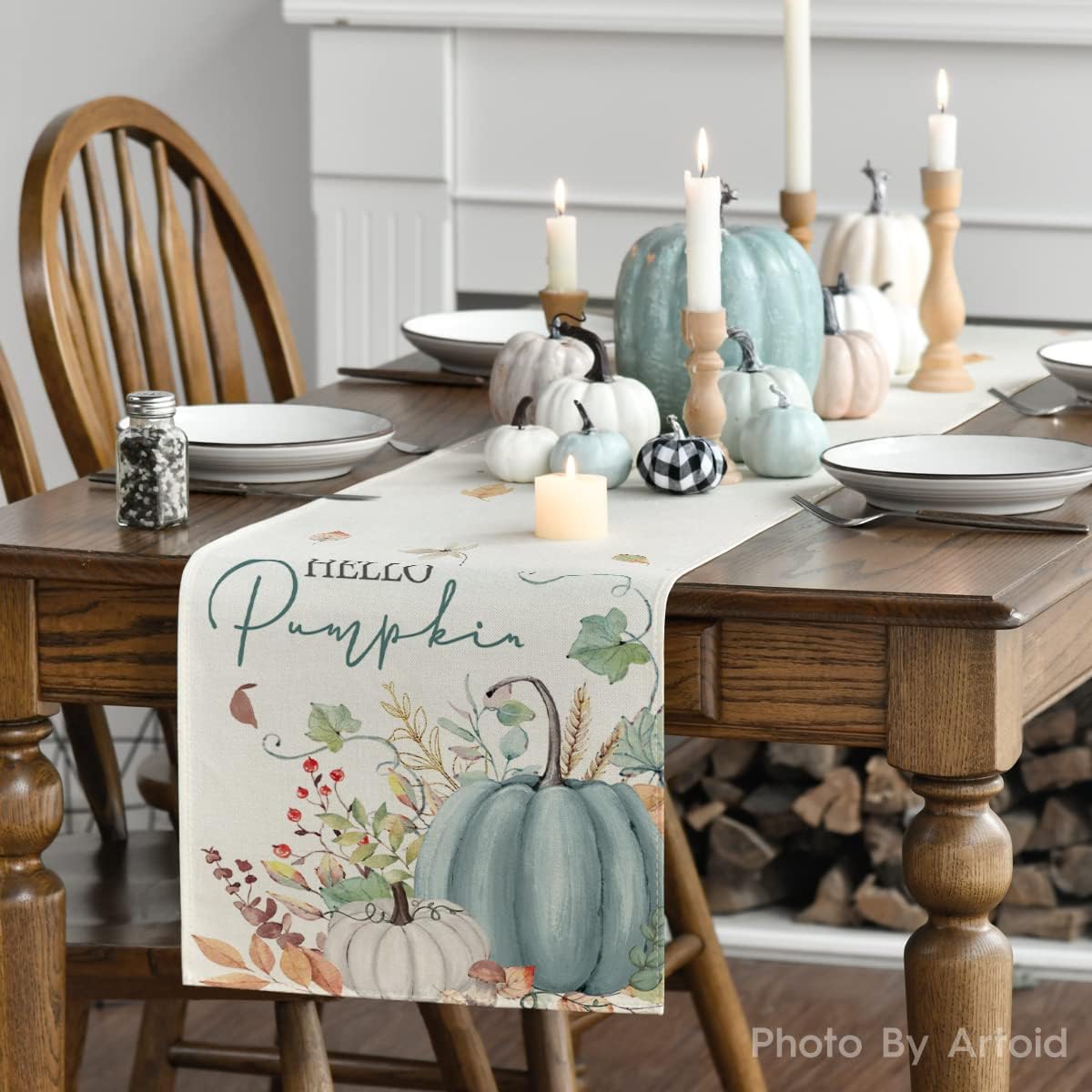 Artoid Mode Aqua Hello Pumpkin Leaves Fall Table Runner, Seasonal Autumn Kitchen Dining Table Decoration for Home Party Decor 13x90 Inch
