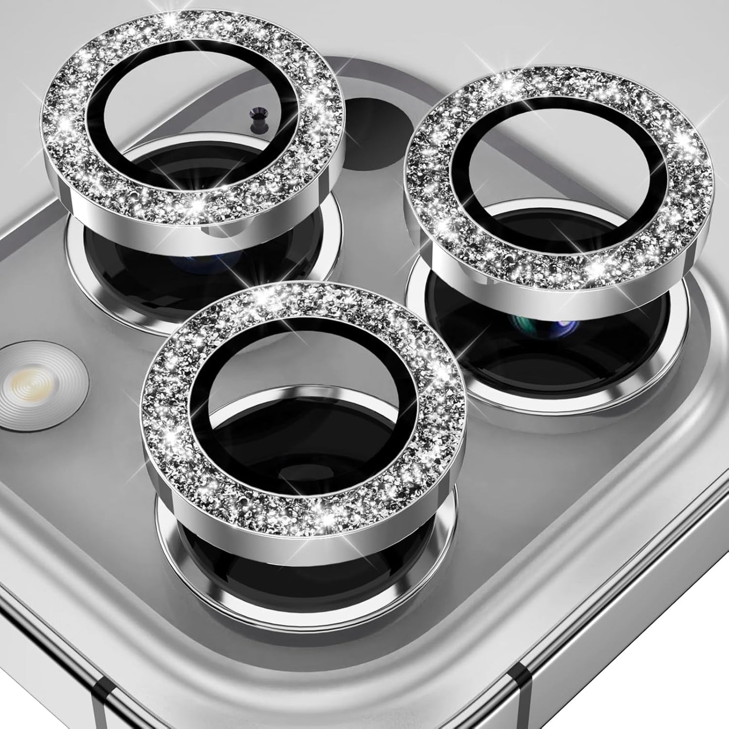 YWXTW Designed for iPhone 14 Pro/iPhone 14 Pro Max Camera Lens Protector Bling, [New Glitter Design] Individual Metal Tempered Glass Camera Cover Accessories Case Friendly, 1 Set (Silver Glitter)