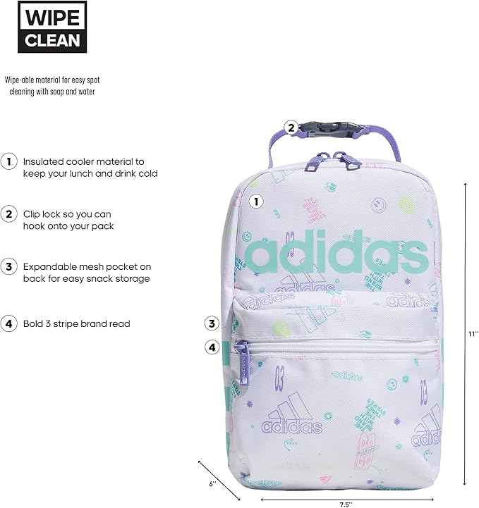 adidas Unisex Santiago Lunch Bag, Insulated School Food Container Box Discontinued, Icon Brand Love White/Flash Aqua Blue/Light Purple/2.0, One Size