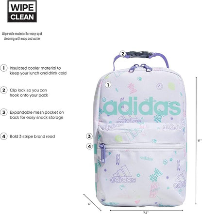 adidas Unisex Santiago Lunch Bag, Insulated School Food Container Box Discontinued, Icon Brand Love White/Flash Aqua Blue/Light Purple/2.0, One Size
