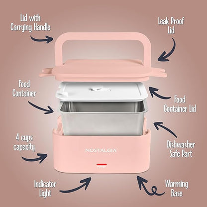 Nostalgia Portable Heated Lunch Box – 4-Cup Stainless Steel Food Warmer – Detachable Cord, Leak-Proof Lid, Carry Handle – Portable for Work & Travel – Cherry Blossom