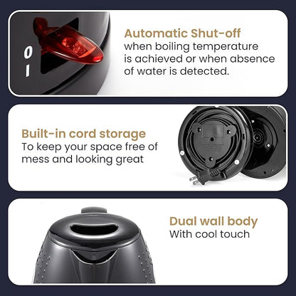 Elite Gourmet EKT5051 1.7L Electric Water Kettle, BPA-Free, Fast Boil, Auto Shut-Off, Boil-dry Protection, 360° Swivel Base with Cordless Serving, Clear-view Window with Water Level Markings, Black