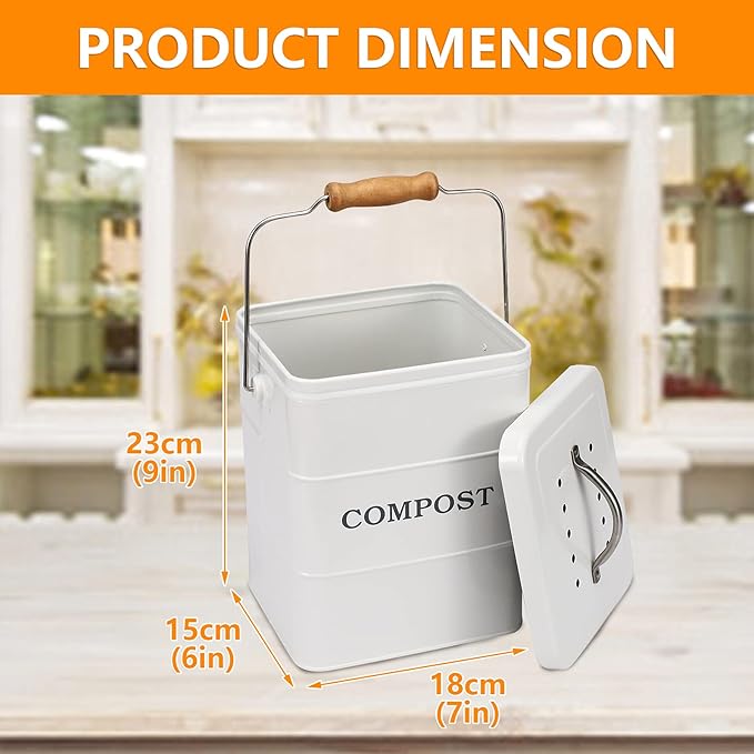 Compost Bin Kitchen Countertop Indoor Compost Pail Bucket, Great for Food Scraps, Carbon Steel, Handles, White, 1 Gallon - Includes Charcoal Filter