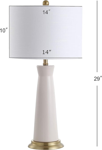 JONATHAN Y 29" Cream Modern Ceramic Column Table Lamp with Brass Gold Base, Elegant Bedside Lamp for Living Room Bedroom Nightstand, White Linen Shade, LED Bulb Included JYL3046A