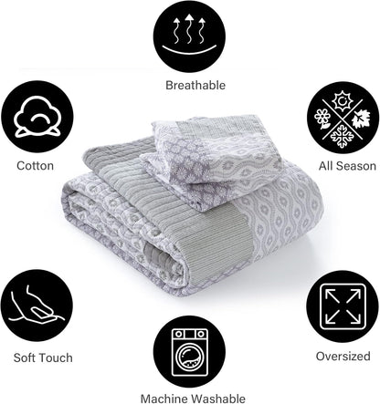 PANGUSHAN Quilt Set Queen Size, 100% Cotton Bedspread Quilt Bedding Set, Patchwork Reversible Floral Quilt for Queen Bed, Purple/Grey/White Bed Spread, Lightweight Comforter for All Season, 3 Pieces