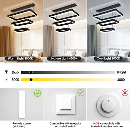 Modern 3 Rings Rectangle Chandelier for Living Room - Adjustable Height Luxury Foyer Lighting Fixture for High Ceiling, Hanging Dining Room LED Pendant Light