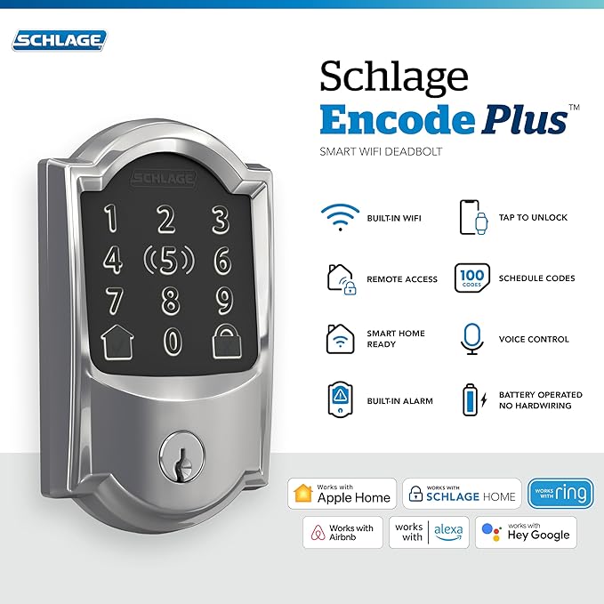 Schlage Encode Plus Smart Wi-Fi Lock for Front Door, Keyless Entry Deadbolt, Unlock with Apple Watch, Built-in WiFi and App Control, Easy Install, Alexa & Apple HomeKit Compatible, Bright Chrome