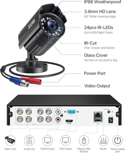 ZOSI 3K Lite 8CH Security Camera System with AI Human/Vehicle Detection, 8pcs 1920TVL 1080p Night Vision Outdoor Indoor Metal Cameras, H.265+ 8Channel DVR with 1TB Hard Drive for Home 24/7 Recording