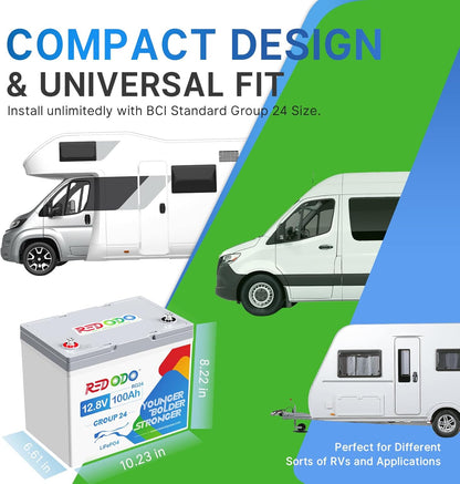 Redodo 3 Pack 12V 100Ah Group 24 Lithium Battery, 1280Wh Deep Cycle with 100A BMS, 4000+ Cycles Lithium Rechargable Battery for All RVs, Van, Camper, Solar Power Storage, Off-Grid