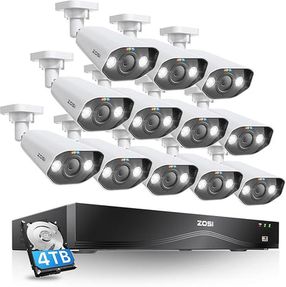 ZOSI 16CH 4K PoE Security Camera System with 2-Way Audio, 12pcs 8MP Outdoor Indoor Metal IP Cameras, AI Person Vehicle Detection, Color Night Vision, 16Port 32CH NVR with 4TB HDD for 24/7 Recording