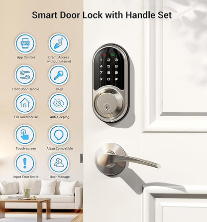 Veise RZ06B Smart Lock for Front Door, 2 Lever Handle Set, Keyless Entry Deadbolt, App Control, Electronic Digital Touchscreen Keypad, Auto Lock, IP54 Waterproof, Easy Installation, Satin Nickel