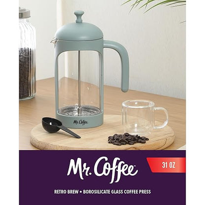Mr. Coffee Retro Brew French Press Coffee Maker, 31-Ounce Glass Carafe with High Heat Resistant Durable Borasilicate Glass & Teal Frame and Plunger, Includes Coffee Scoop