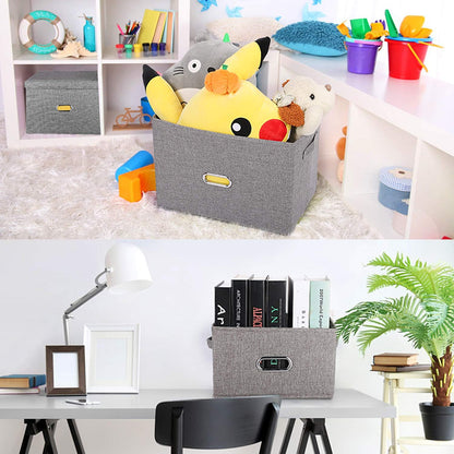 Large Linen Fabric Foldable Storage Bins with Removable Lid and Handles, Washable Storage Box Organizer Containers Baskets Cube with Cover for Bedroom,Office(Black, Medium(2-Pack))