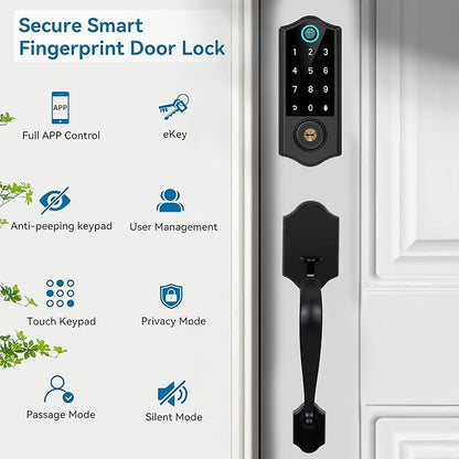 Harfo Fingerprint Smart Door Lock for Front Door with Handle Set, App Control, Keyless Entry Keyless Deadbolt, Digital Electronic Touchscreen Keypad, Auto Lock, Easy to Install, Black