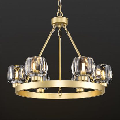 Gold Wagon Wheel Chandelier, 24 Inch Brass Chandeliers with Unique Glass Shade, 6-Light Crystal Farmhouse Wagon Wheel Chandeliers for Dining Room, Round Chandelier for Living Room, Foyer, Entryway