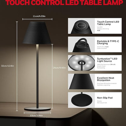 Honeywell M1 Cordless Small Table Lamp Rechargeable, 5200mAh Battery Operated LED Table Lamp, 4 Color 9RGB Stepless Dimmable Touch Control Night Light for Bedroom Restaurant Bedside (2, Black)