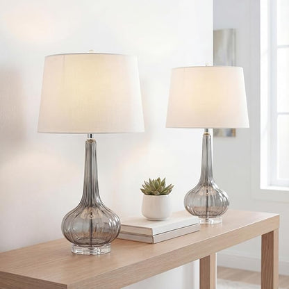 JONATHAN Y 28.5" Smoke Gray Glass Teardrop LED Table Lamp Set of 2 for Living Room Bedroom Nightstand, White Linen Shade Modern Transitional Bedside Desk Lamp (JYL1079D-SET2)
