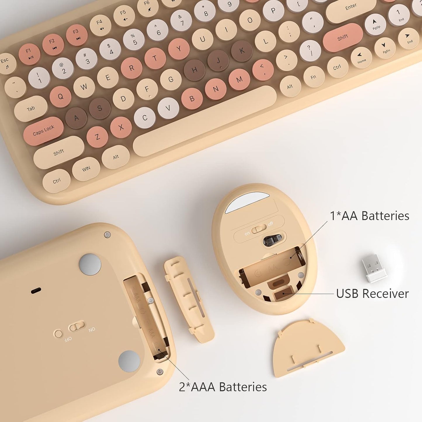 KNOWSQT Wireless Keyboard and Mouse Combo, Light Milktea 100 Keys 2.4 GHz Round Keycap Typewriter Ctue Keyboards, USB Receiver Plug and Play, for Windows, PC, Laptop, Computer, Desktop