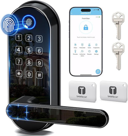 Bluetooth Fingerprint Smart Lock with Handle & Keypad – Fits Most US Doors, DIY Install, Keyless Entry: Code, FOB, Auto-Lock. Ideal for Home, Airbnb, Rental, Kids, Seniors. Alexa & Google Compatible