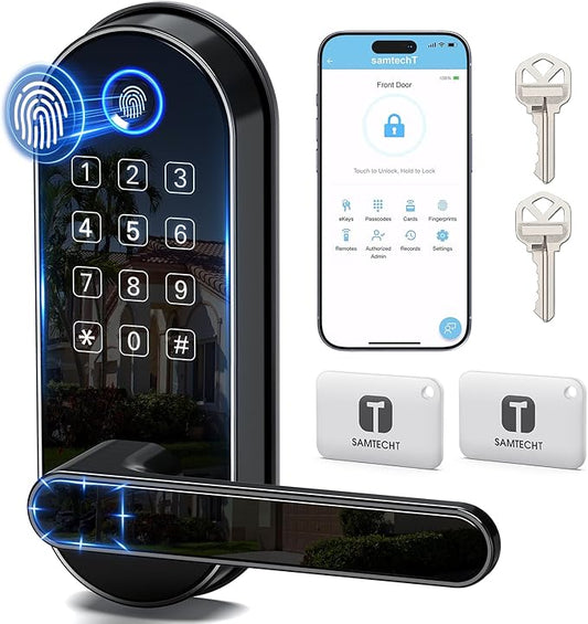 Bluetooth Fingerprint Smart Lock with Handle & Keypad – Fits Most US Doors, DIY Install, Keyless Entry: Code, FOB, Auto-Lock. Ideal for Home, Airbnb, Rental, Kids, Seniors. Alexa & Google Compatible