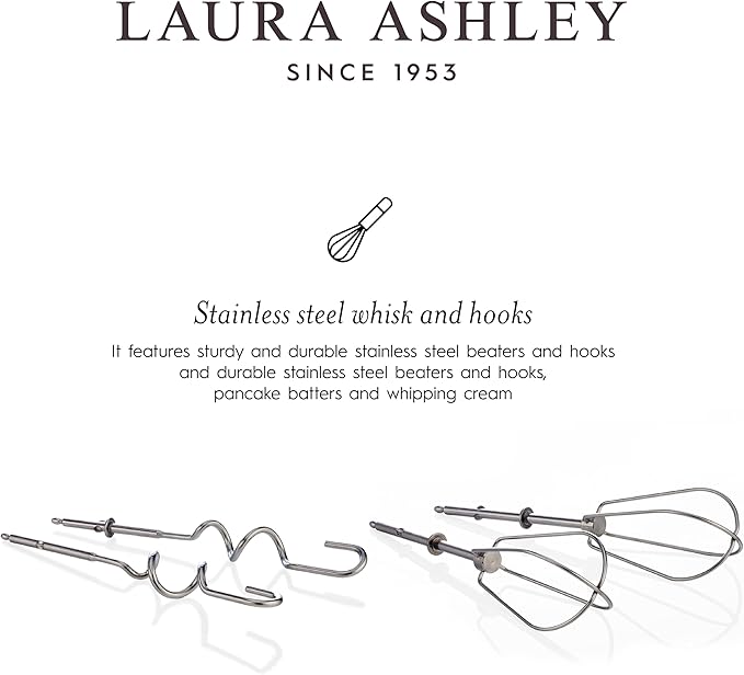 Laura Ashley Hand Mixer Electric Handheld 200W - Hand Held Electric Whisk with 5 Variable Speeds - Hand Mixers with Durable Stainless Steel Beaters - Easy to Clean Light Weight Cake Mixer for Baking