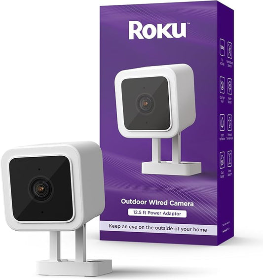 Roku Outdoor Camera for Home Security - IP65 Weather Resistant Wired Security Camera with 1080p HD Night Vision, Compatible with Alexa & Google, Motion & Sound Detection(Renewed)