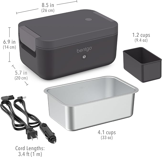 Bentgo Heat - Electric Lunch Box - Portable Food Warmer for Adults, Heated Lunch Box for Work, Travel, School & On the Go, Plug Into Wall or Car, Ideal for Ages 14+, 12V/24V & 120V Cords (Obsidian)