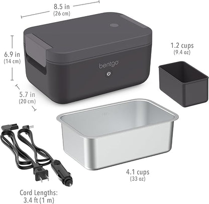 Bentgo Heat - Electric Lunch Box - Portable Food Warmer for Adults, Heated Lunch Box for Work, Travel, School & On the Go, Plug Into Wall or Car, Ideal for Ages 14+, 12V/24V & 120V Cords (Obsidian)