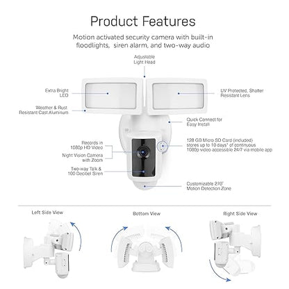 Feit Electric SEC3000/CAM/WIFI Outdoor LED Smart Security Camera with Motion Sensor, 2-Way Audio, 39-Watt Floodlight, Works with Alexa and Google Asst, Alarm, Hardwired, 128 GB Micro SD Card Storage