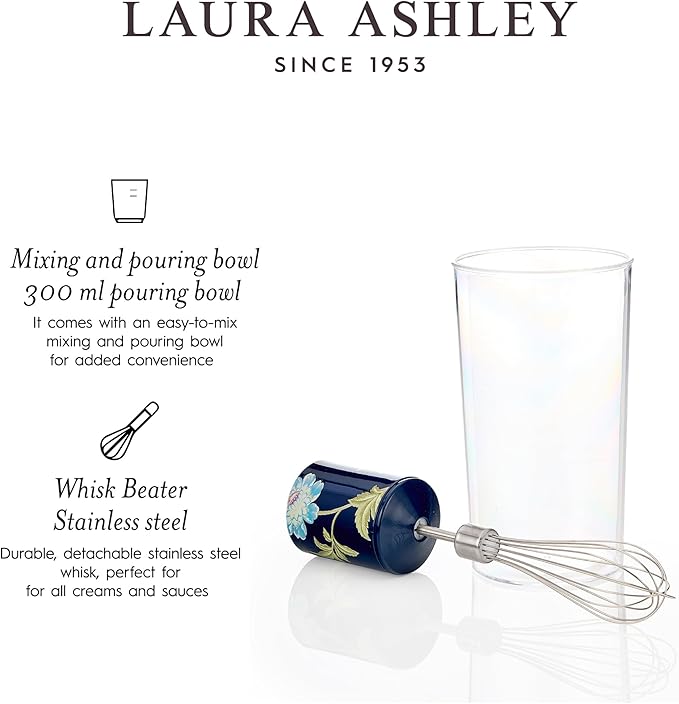 Laura Ashley 150W Immersion Blender Handheld - 4 in 1 Electric Hand Blender for Kitchen with Durable Stainless Steel Blades, Whisk & 300ml Mixing, Pouring Cup - 2 Speed Modes Hand Held Stick Blender