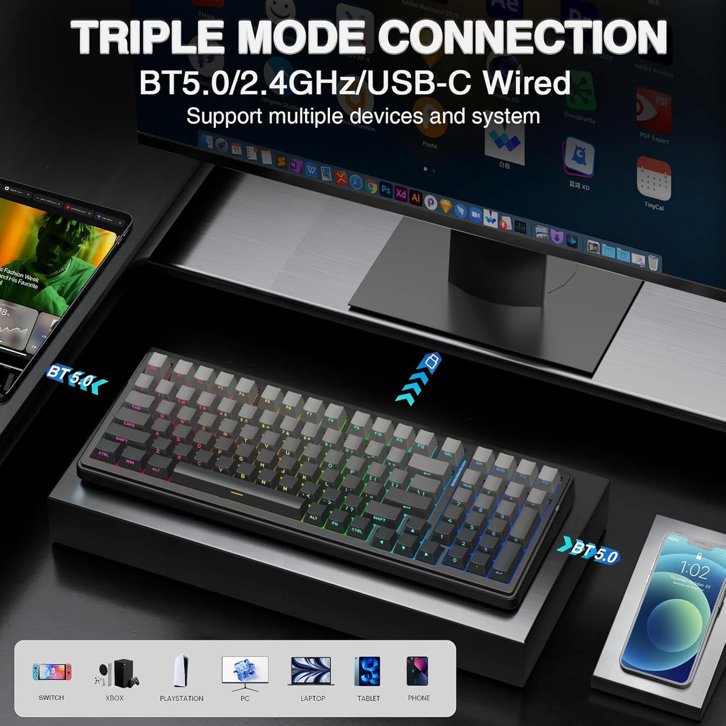 AULA F99 Pro Wireless Mechanical Keyboard,Hot Swappable Custom Keyboard,RGB Backlit,Pre-lubed Linear Switches,Side Printed PBT Keycaps,2.4GHz/USB-C/BT5.0 Mechanical Gaming Keyboards
