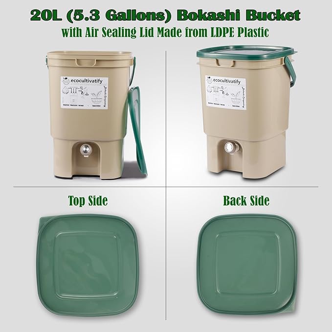20L Bokashi Bucket with Air Sealing Lid, 5.28 Gallon Compost Bin, Kitchen Composter with Bran, Kitchen Compost Pail, ecocultivatify Bokashi Kit Set with Starter (Tan & Dark Green)