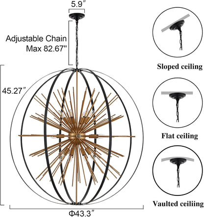 43.3" Black Gold 18-Light Globe Sputnik Chandelier Modern Adjustable Hanging Ceiling Firework Pendant Light Fixture for Entryway Foyer Stairway Kitchen Dining Living Room Hallway