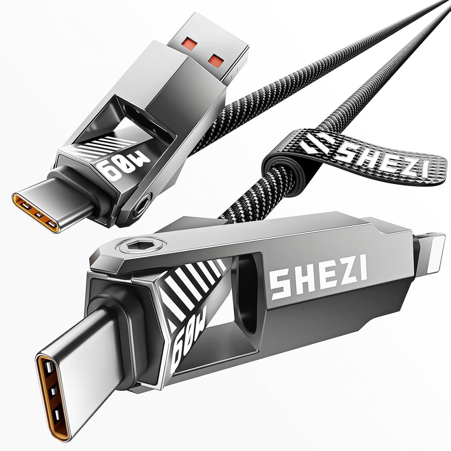 SHEZI Nylon Braided 4 in 1 USB C Cable 60W 3FT Compatible with Lightning Cable, Fast Charging for iPhone/iPad Charger Cord [480Mbps Data Sync],Multi Charging Cable with Type C/USB A, Grey