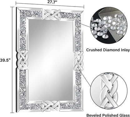 Crushed Diamond Decorative Wall Mirrors, 27.7x39.5 Inch Rectangle Living Room Mirrors for Wall Decor, Modern Glam Bathroom Dining Room Entryway Mirror Silver