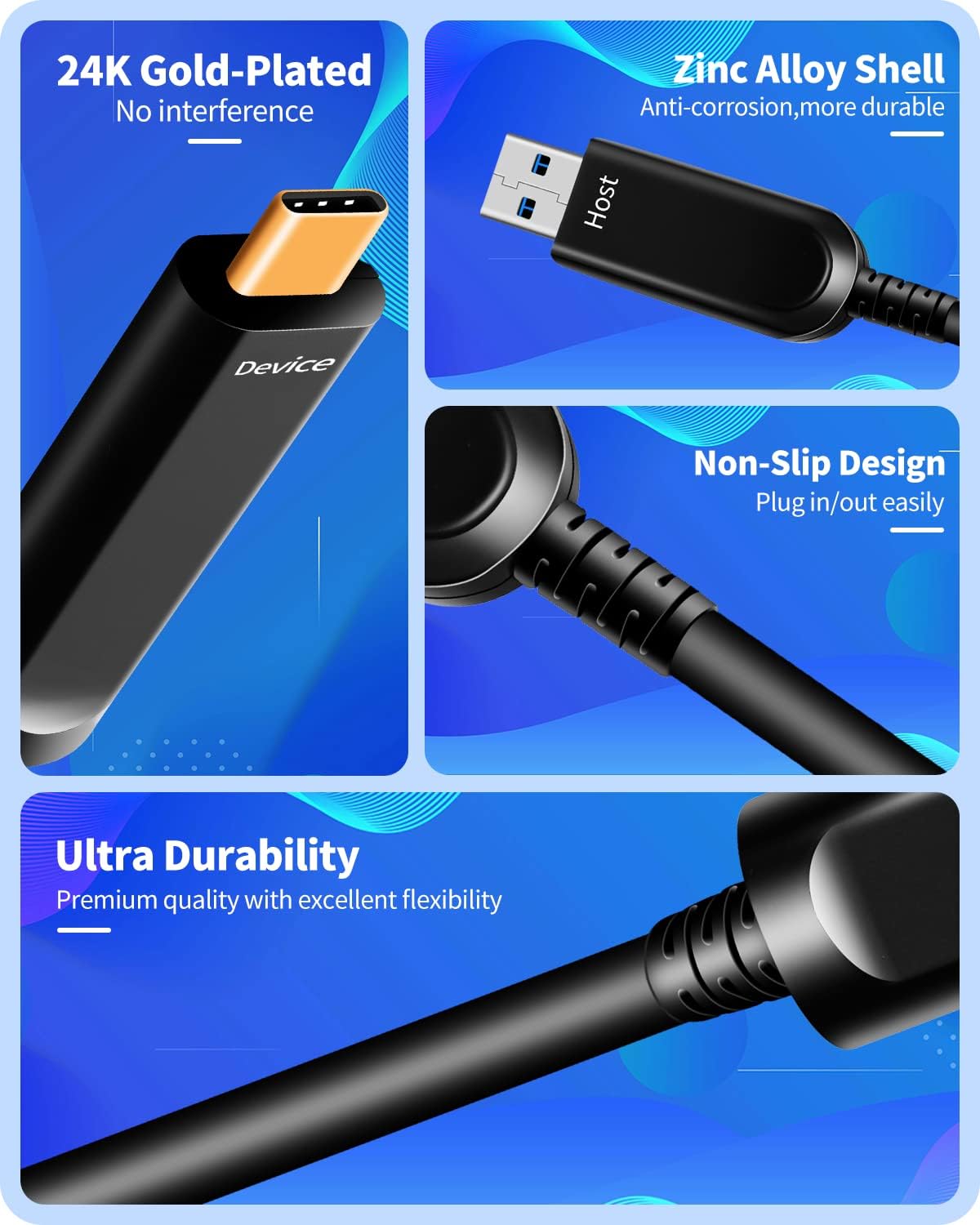 Fiber Optic USB A to USB C Cable(50ft),High Speed 10Gbps USB 3.2 Gen2 Active Optical Cable for VR, Webcam, Laptop,Camera,Projector etc,Grey