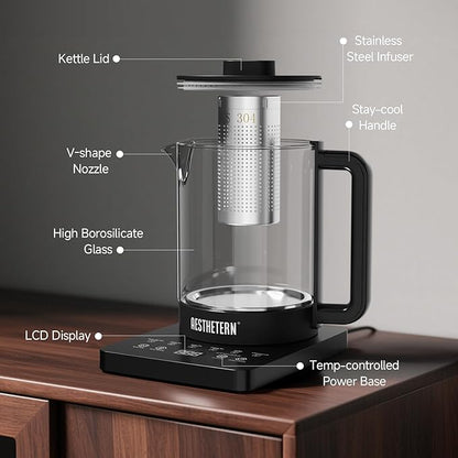 Electric Tea Kettle with Infuser Temperature Control and Automatic Shut Off 24 H Keep Warm for Coffee Water Heater and Tea Pot Glass Black 1.5L