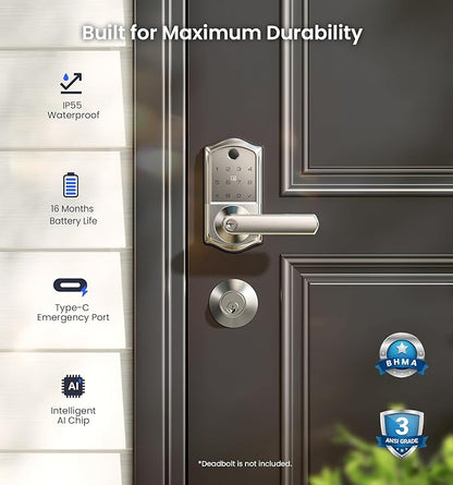 Veise VE019 Fingerprint Smart Lever Lock - APP Control, Keypad Door Lock with Handle, Keyless Entry for Front Door and Bedroom, Electronic Digital Knob, Remote Grant, IP55 Weatherproof, Satin Nickel