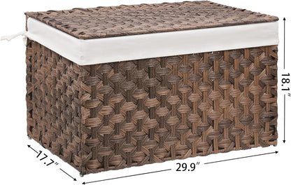Wicker Storage Basket with Lid, 42.3 Gallon (160L) Large Blanket Basket with Lid, Woven Storage Bin with Handles, Removable Liner, Metal Frame, Foldable, for Bedroom, Laundry Room, Brown