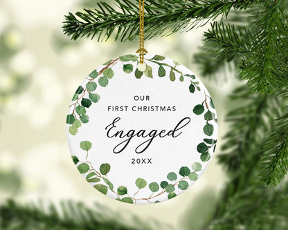 Andaz Press Custom Year Round Ceramic Porcelain Christmas Tree Ornament Keepsake Collectible Gift, Our First Christmas Engaged 2025, Farmhouse Eucalyptus Wreath, 1-PackCouple