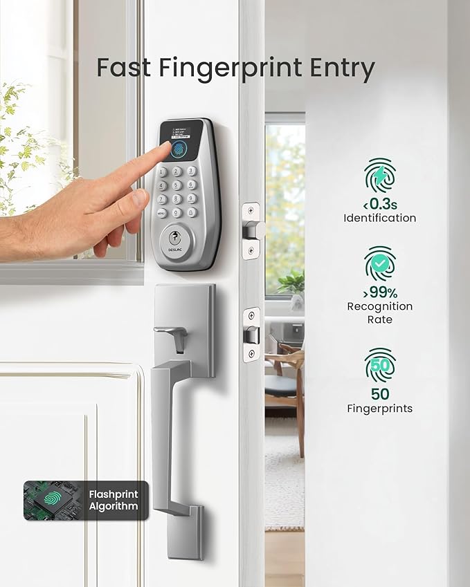 DESLOC C110 Fingerprint Smart Front Door Lock Set with Handle Keyless Entry Door Lock, Keypad Deadbolt, Auto-Lock, Easy DIY Installation, IP54 Weatherproof, Fits Most US Doors, Sliver