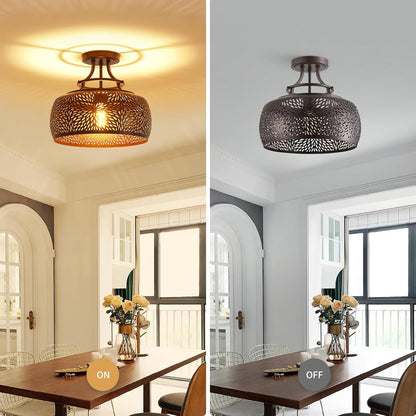 WUZUPS Chandelier Rustic Farmhouse Industrial Round Semi-flushmount Ceiling LED Light Fixture with Later-Cut Openwork Drum Shade, H 11.8" x W 13.4", Oil Rubbed Bronze