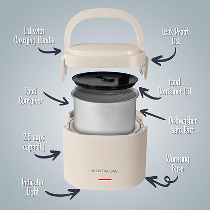 Nostalgia Portable Heated Lunch Box – 2.5-Cup Stainless Steel Food Warmer – Detachable Cord, Leak-Proof Lid, Carry Handle – Portable for Work & Travel – Oatmeal
