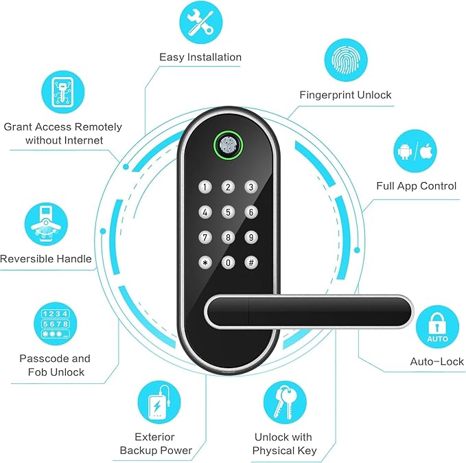 Fingerprint Smart Door Lock with Handle & Keypad – Bluetooth Keyless Entry for Front Door, Home, Kids, Guests, Airbnb & Rental, App + Code Access, Compatible with Alexa & Google, Easy DIY Install