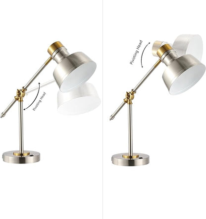 JONATHAN Y 18.5" Nickel/Brass Gold Adjustable Cantilever LED Task Lamp with USB Charging Port, Vintage Farmhouse Desk Lamp for Home Office Reading, Metal Shade (JYL7124B)