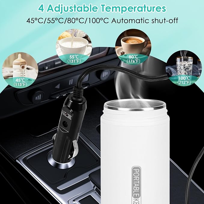 lazycozy® Travel Kettle for Car, 16oz Portable Electric Kettle, 4 Temperature Settings 113-212℉, with Clean Brush, Storage Bag, for Milk, Coffee, Tea, Hot Water
